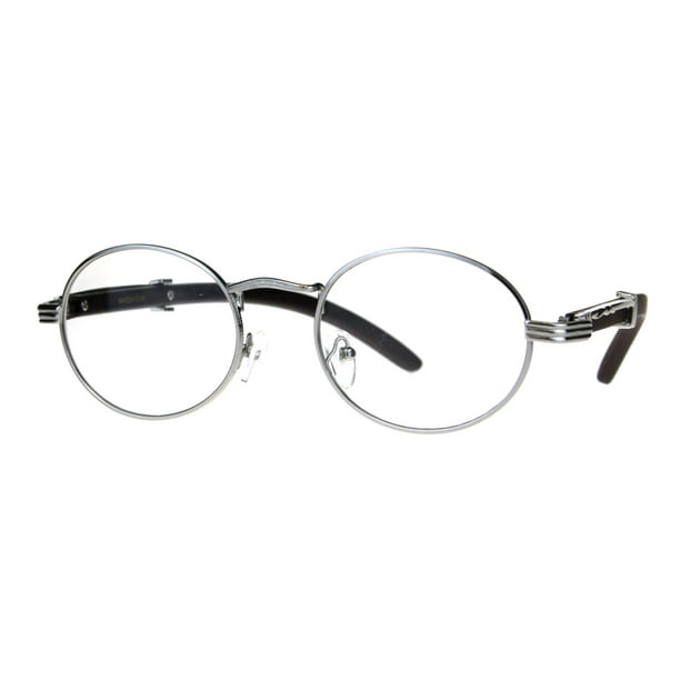 Men’s Iced Silver Round Clear Lens White Gold Wood Vintage Hip Hop Glasses
